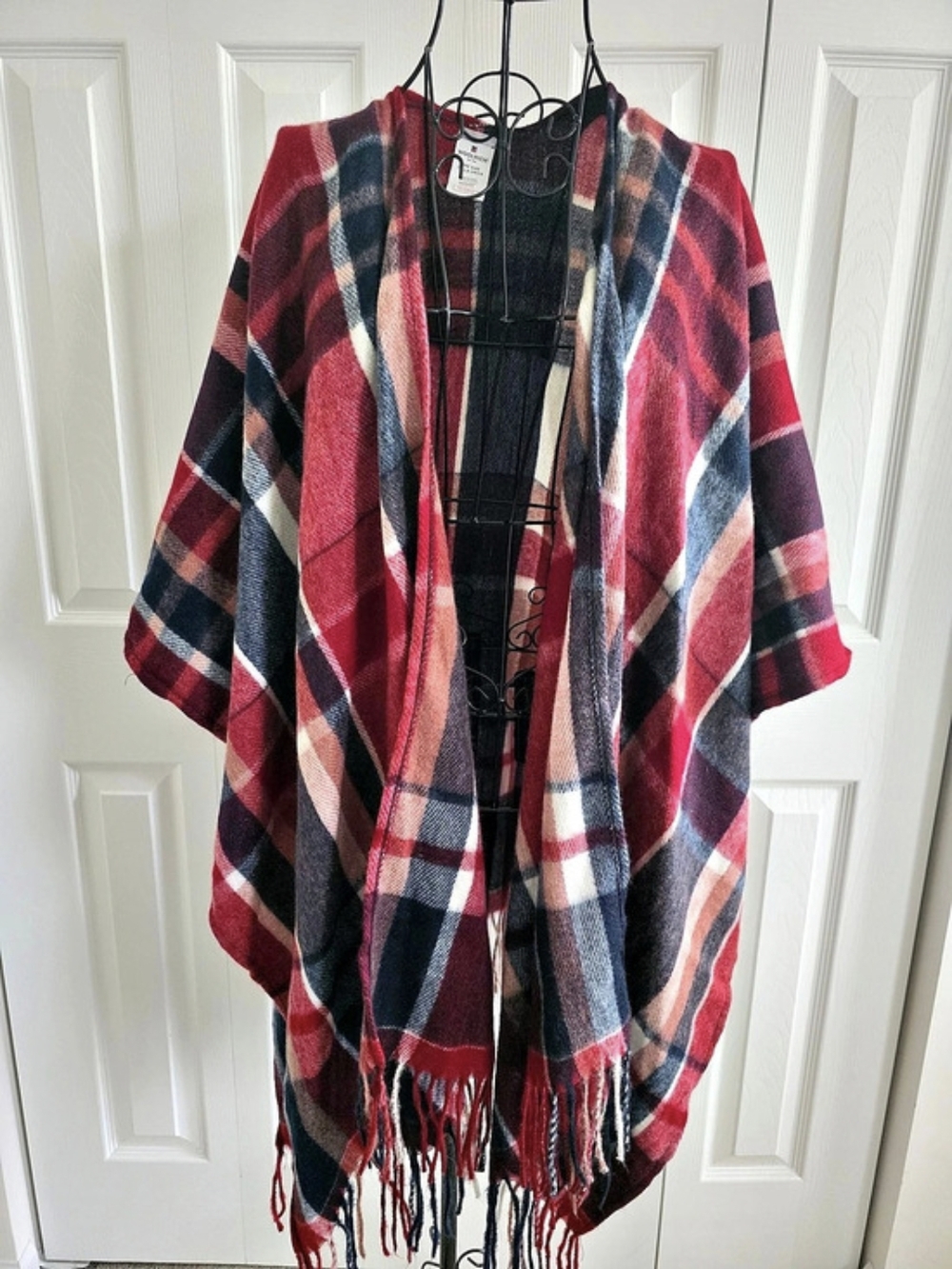 Woolrich Plaid Fringe Poncho Red & Blue